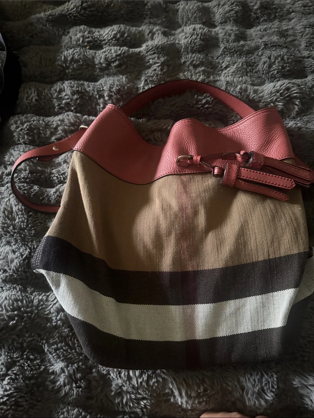 Burberry Beige, Black & Pink Striped Hobo Bag